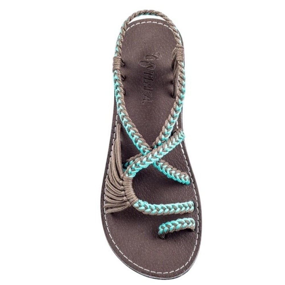 PLAKA Hand Woven Sandals Women Brown‎ Turquoise Braided Thong Flip Flop Sz 8 NEW